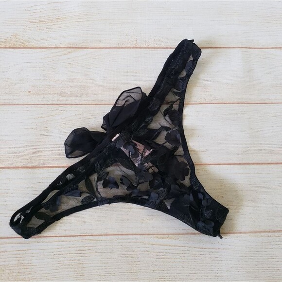Victoria's Secret Floral Applique Bow Back Mesh Thong Panty Black Size Medium - Picture 2 of 11